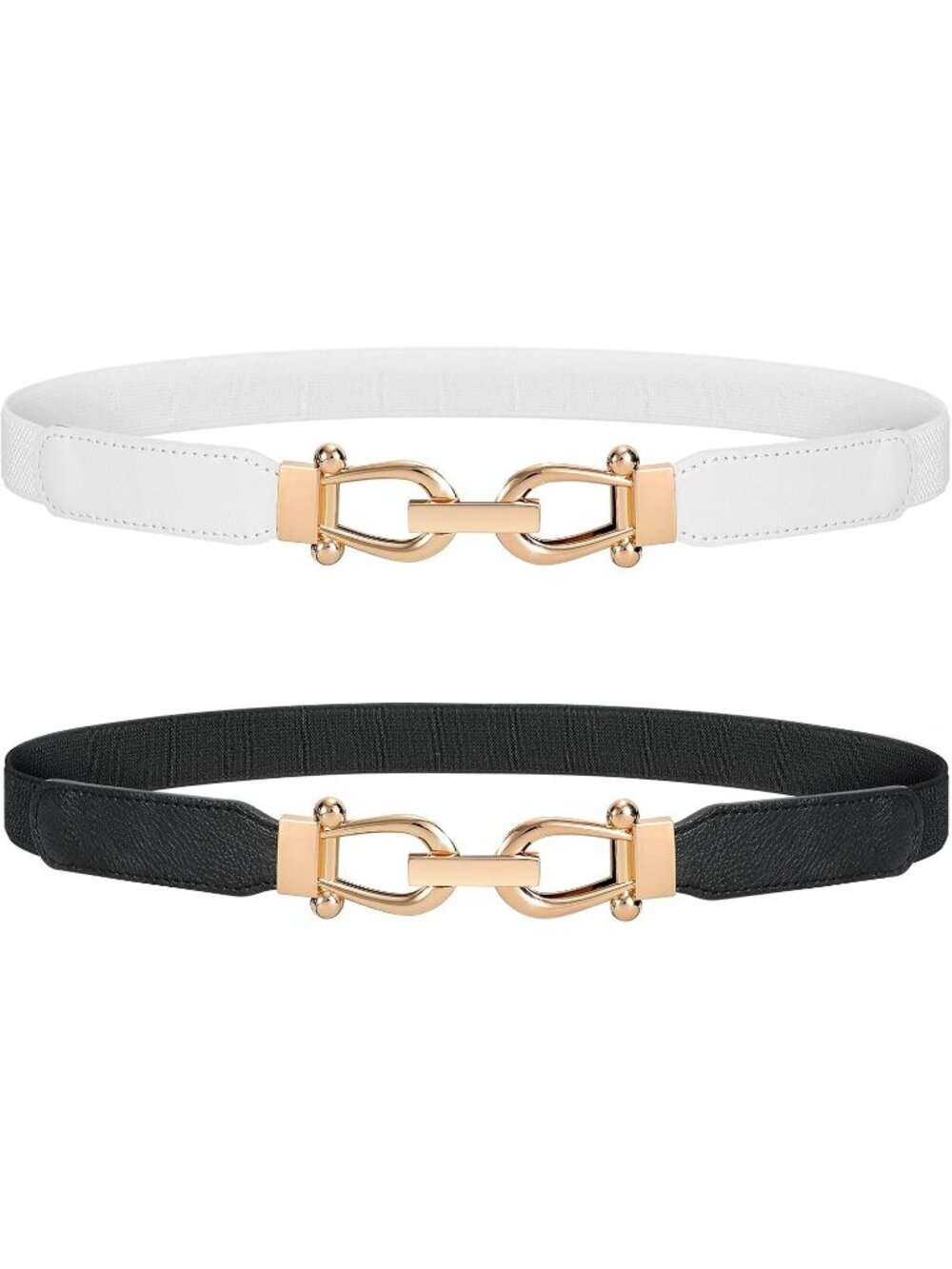 Women's Black White Stretchy Elastic Skinny Waist Belt with Gold Buckle